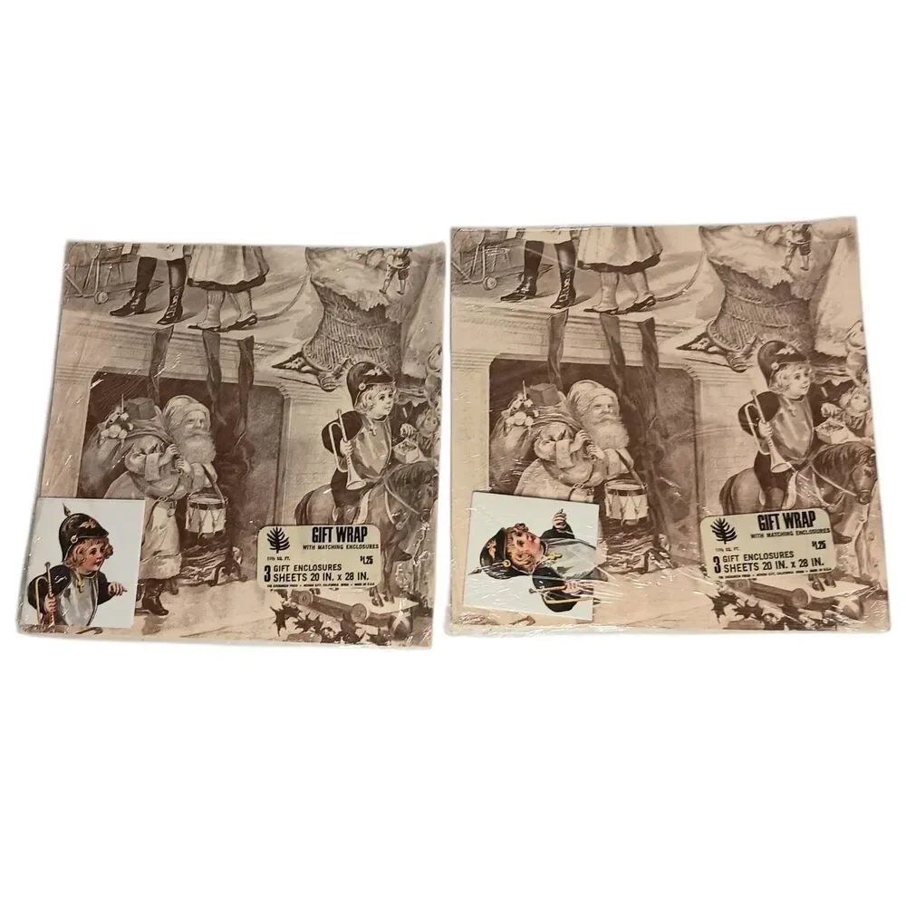 2 Packs VTG Sepia Tone Christmas Wrapping Paper Santa Elves 20x28 W/ Gift Tags